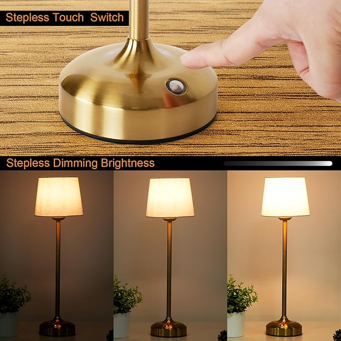 YAYZA! Cordless Table Lamp Adjustable Height Desk lamp, Fabric Shade 7500mAh Rechargeable LED Wireless Touch Night Light Stepless Dimming, 3 Color Temperatures with Edison Bulb (High Gold - 1 Pack)