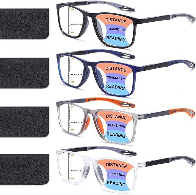 4 Pack Progressive Multifocus Reading Glasses for Men Women TR90 Sports Style Anti-Blue Light Computer Readers