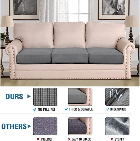 H.VERSAILTEX Super Stretch Individual Seat Cushion Covers, Thick Jacquard Textured Twill Fabric (3 Piece XL Sofa Cushion Covers, Grey)