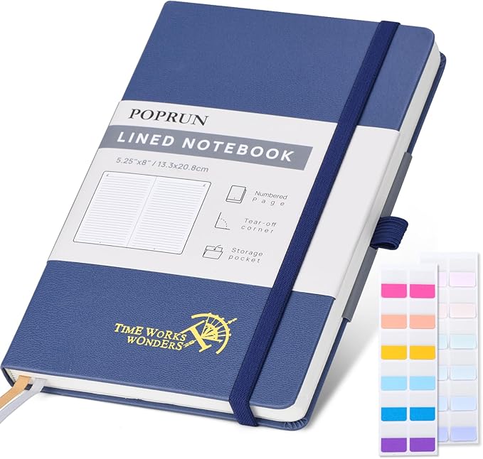 POPRUN Lined Journal Notebook for Women & Men, A5 Medium Size 5.25''x 8'', 120GSM Thick Paper, 128 Numberd Pages, Hardcover, Index Tabs, College Ruled Notebook for Work & Note Taking - Navy Blue