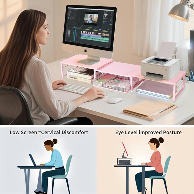 Dual Monitor Stand Riser, Desk Organizer with Drawer, Office Desk Organizers and Accessories, Office Workspace Organization Computer Monitor Stand for Laptop, Printer, TV（Pink）