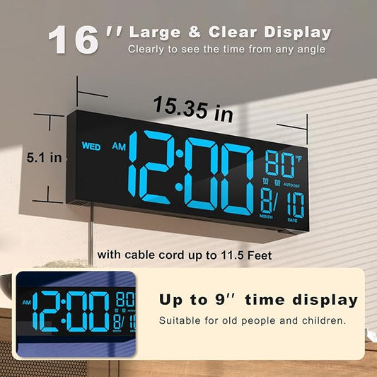 JALL 16" Large Digital Wall Mount Clock, Count Down Timer, Alarm, Big LED, DST, Temperature for Living Room Classroom Desk, Xmas, Birthday Gift for Senior Men Women Mom Dad, Blue