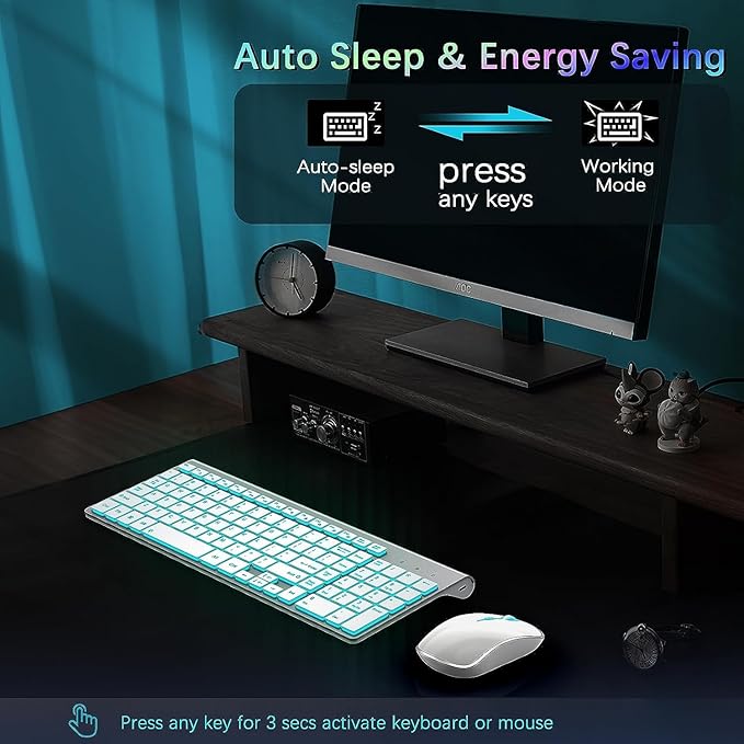 J JOYACCESS Wireless Keyboard and Mouse Combo with 7 Backlit Options,Quiet Light Up Keys,Type-C Rechargeable,Sleep Mode-2.4G Slient Portable Cordless Combo for Laptop/PC/Computer/Mac(White+Sliver)