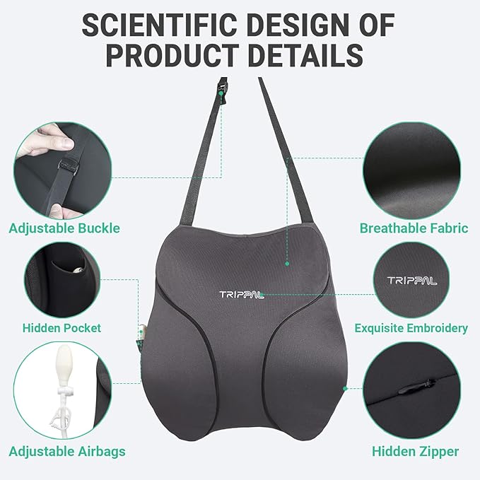 GOLDORANGE Adjustable Lumbar Support Pillow for Car with Air Pump, Ergonomic Memory Foam Back Cushion with Straps for Back Pain Relief and Posture Improved Lumbar Cushion for Vehicles Office Chair