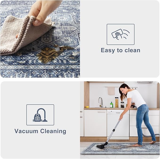 KIMODE Anti Fatigue Kitchen Mat, Cushioned Kitchen Mats for Floor 2 Piece, Boho Vintage Kitchen Rugs, Comfort Foam Standing Desk Mat for Laundry, Office, Sink Navy Blue 17"x47"+17"x29"