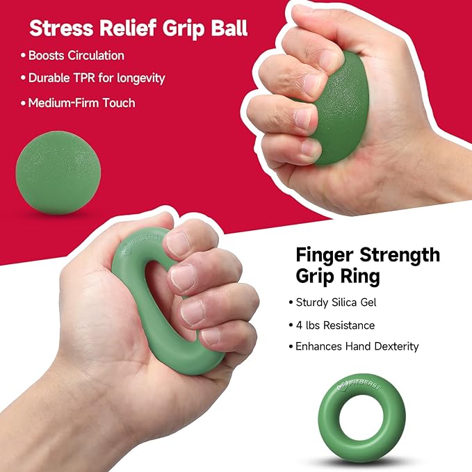FitBeast Hand Grip Strengthener Workout Kit (5 Pack), 2 Forearm Grip Adjustable Resistance Hand Gripper, Finger Stretcher, Grip Ring & Stress Relief Grip Ball for Athletes