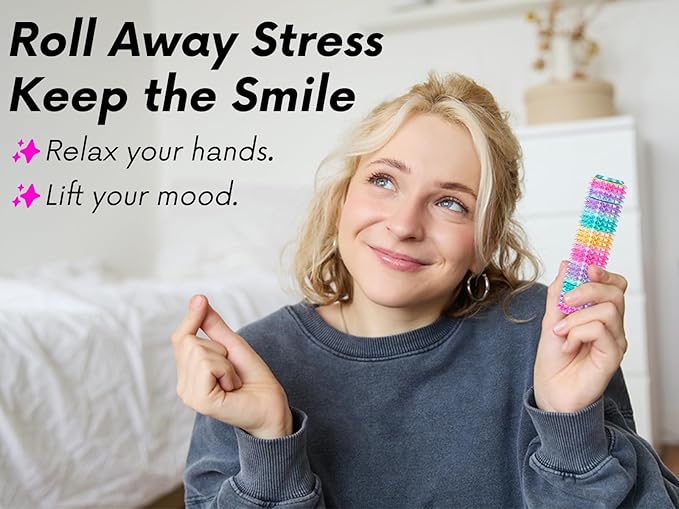 Fidget Roller Adults Teens Sensory Little Stim Gadget for Anxiety Relief Mild Ouchie,Desk Focus Tool Portable Hand Spinner Gifts Idea White Elephant Stocking Christmas(Rainbow,Compact Fit)