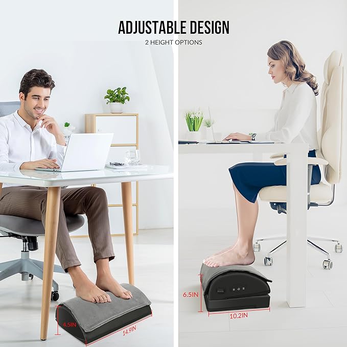Heated Foot Rest Under Desk at Work, Ergonomic Desk Footrest with Vibrating Massage and Adjustable Height, Foot Warmer with Pocket, 3 Vibration Modes & 2 Heating Levels,Memory Foam,Office Home Gaming