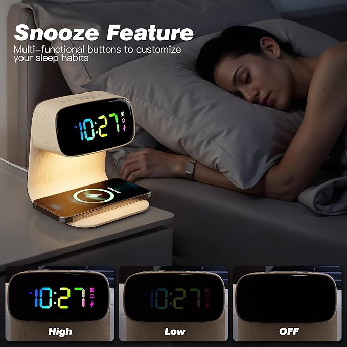 Digital Alarm Clock with Wireless Fast Charging Station 15W Touch Smart Lamp for Bedside,3 Colors Nightlight Adjustment Night Lamp for Living Room,Bedside,Heavy Sleepers (Woodgrain+Cable&Adapter)