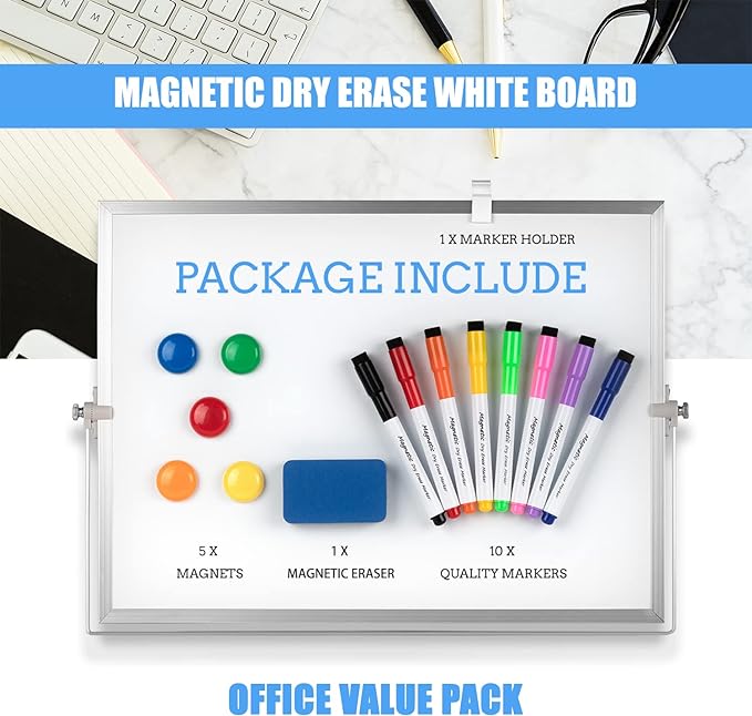 Dry Erase White Board, Cazeyoo Magnetic Desktop Whiteboard 16 x 12inch with Stand, 10 Markers, 4 Magnets and 1 Eraser, Portable Double-Sided White Board for Kids Drawing, Office, Home, School