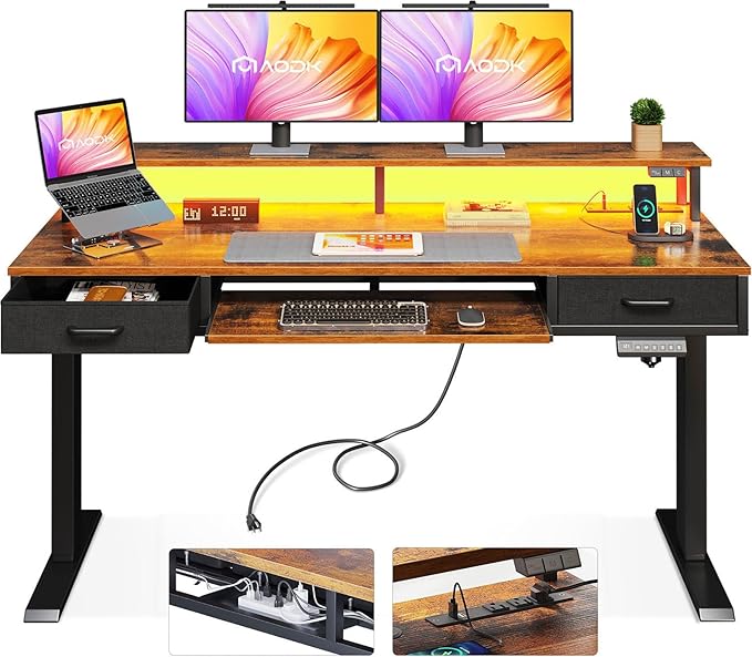 AODK Electric Standing Desk with Drawers & Keyboard Tray, 55 Inch Height Adjustable Gaming Desk with Power Outlets & LED Lights, Sit Stand Table with Monitor Stand for Home, Office, Rustic Brown