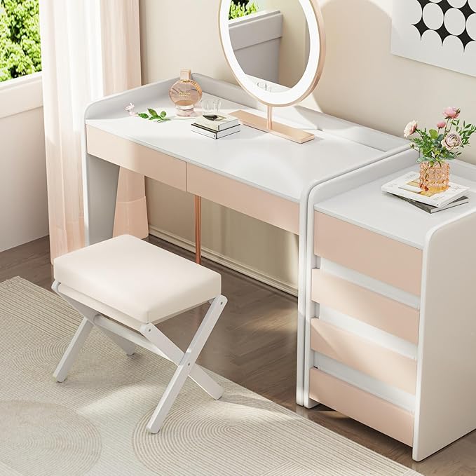 Foldable Foot Stool Ottoman, Modern Foot Rest with Bamboo X Legs & Thick Foam Cushion, Folding Foot Stools Small Padded for Bedroom Living Room, Makeup Vanity Stool Chair (White - White)