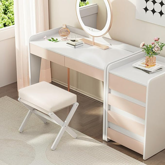 Foldable Foot Stool Ottoman, Modern Foot Rest with Bamboo X Legs & Thick Foam Cushion, Folding Foot Stools Small Padded for Bedroom Living Room, Makeup Vanity Stool Chair (White - White)