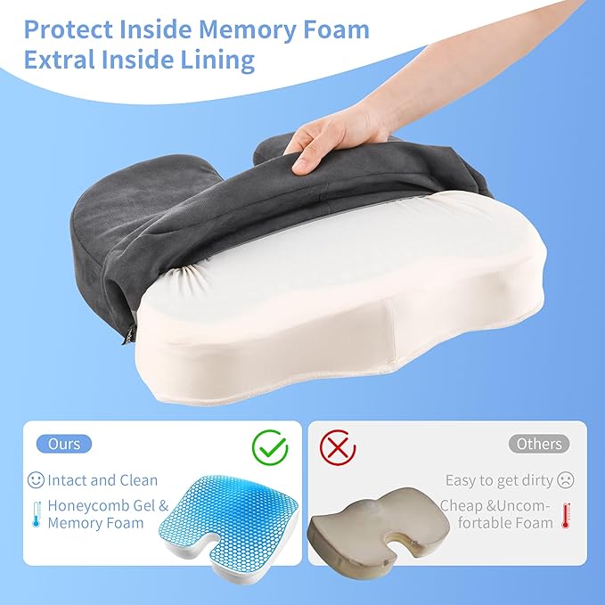 Seat Cushion for Office Chair, Gel & Memory Foam Chair Cushion, Sciatica & Coccyx Pain Relief Cushion for Long Sitting Office Workers, Car Drivers