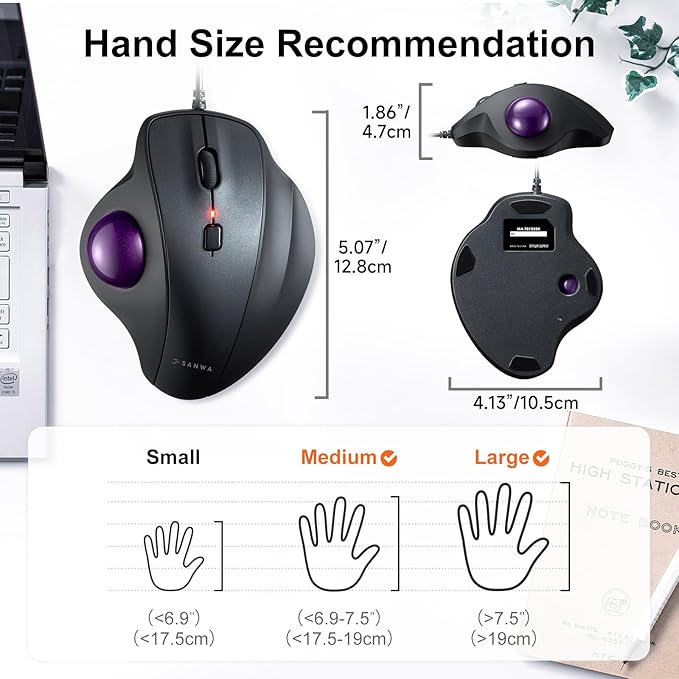 SANWA Wired Ergonomic Trackball Mouse, Optical Vertical Rollerball Mice, Silent Buttons, 34mm Trackball, 600/800/1200/1600 DPI, Compatible with MacBook, Laptop, Computer, Windows, macOS, Purple