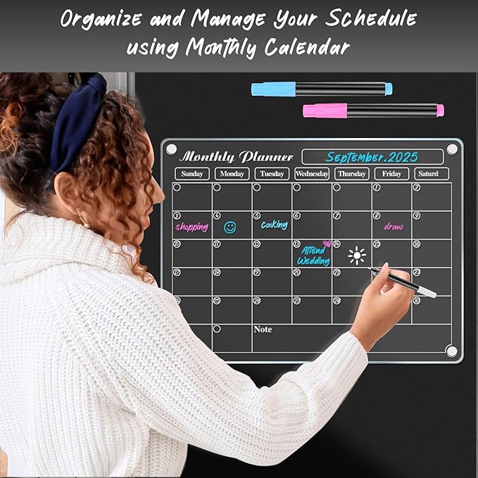 DIYMAG Fridge Skylight Calendars,15" x 11" 2025 Planning Pads Acrylic Magnetic Digital Calendar for Refrigerator Transparent Dry Erase Monthly Planner Whiteboard with 3 Colors Markers