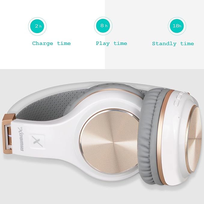 Riwbox Bluetooth Headphones, XBT-80 Folding Stereo Wireless Bluetooth Headphones Over Ear with Microphone and Volume Control, Wireless and Wired Headset for PC/Cell Phones/TV/Gym (White Gold)