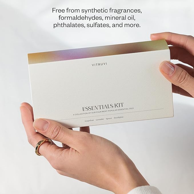 Vitruvi Essentials Kit, Essential Oil Starter Kit, 100% Pure Lavender, Eucalyptus, Grapefruit, Spruce, Essential Oil Set | Essential Oils for Diffusers Aromatherapy 4X 10ml (0.3 fl.oz), 4 Count