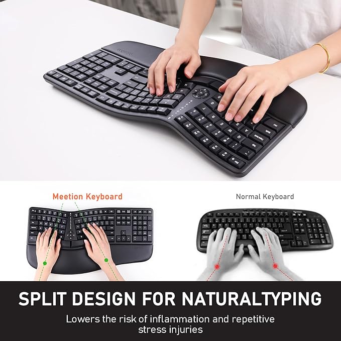 MEETION Ergonomic Keyboard, Wireless Computer Keyboard, Ergo Split Keyboard with Cushioned Wrist, Palm Rest, Curved Natural Typing, Full Size Rechargeable for Windows/Mac/Laptop/PC, Black
