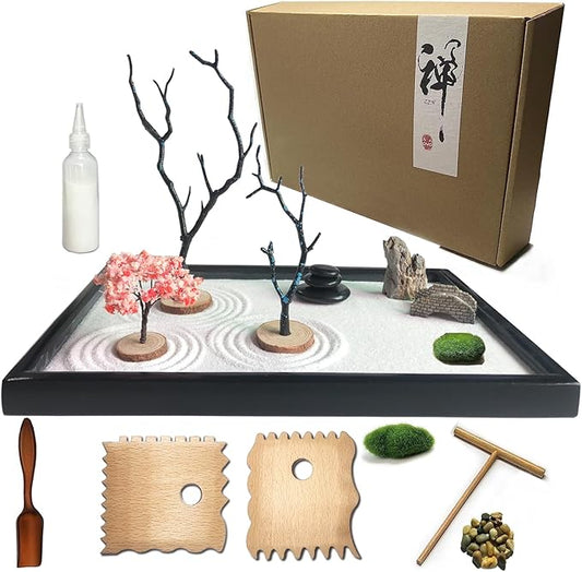 Zen Garden for Desk, Japanese Zen Garden Kit with Sand Stamp Sphere and Essential Accessories, Mini Zen Sandbox Office Decor Kit for Relaxation, Meditation Gift