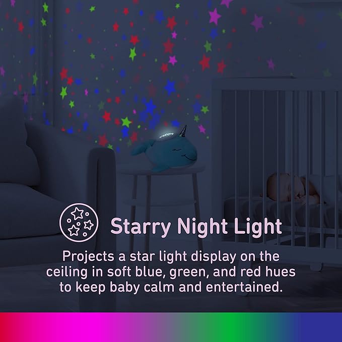PureBaby Sound Sleepers Portable Sound Machine & Star Projector - Plush Sleep Aid for Baby and Toddlers with Soothing Night Light Display, 10 Lullabies, White Noise, and Heartbeat Sounds (Narwhal)