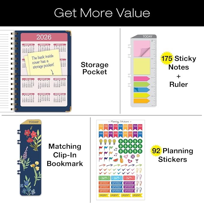 HARDCOVER Academic Year 2025-2026 Planner: (June 2025 Through July 2026) 5.5"x8" Daily Weekly Monthly Planner Yearly Agenda. Bookmark, Pocket Folder and Sticky Note Set (Navy Gold Numbers)