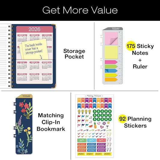 HARDCOVER Academic Year 2025-2026 Planner: (June 2025 Through July 2026) 5.5"x8" Daily Weekly Monthly Planner Yearly Agenda. Bookmark, Pocket Folder and Sticky Note Set (Navy Gold Numbers)
