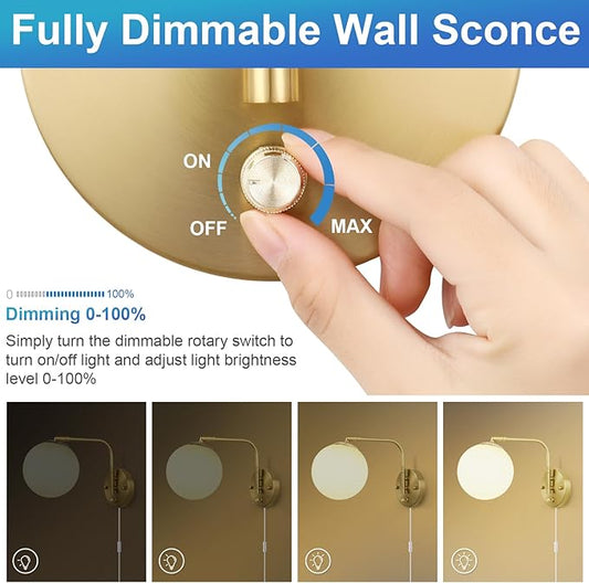 Dimmable Wall Sconces Plug in, Swing Arm Wall Lights with Plug in Cord and Dimmer On/Off Knob Switch, Dimmable Wall Light with Milky White Glass Globe Shade(2 Bulbs Included)
