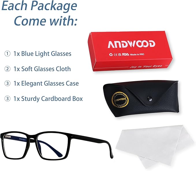 ANDWOOD Blue Light Blocking Glasses Men Women Computer Filter Large Frame Bluelight Blocker Anti Blue Ray Lightweight AR002