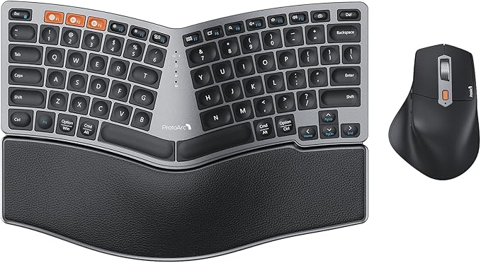 ProtoArc Bluetooth Ergonomic Keyboard Mouse, EKM04 Mini Compact Wireless Ergo Keyboard Mouse Combo, Split Design, Wrist Rest, Multi-Device, Rechargeable, Compatible with Windows/Mac/Android