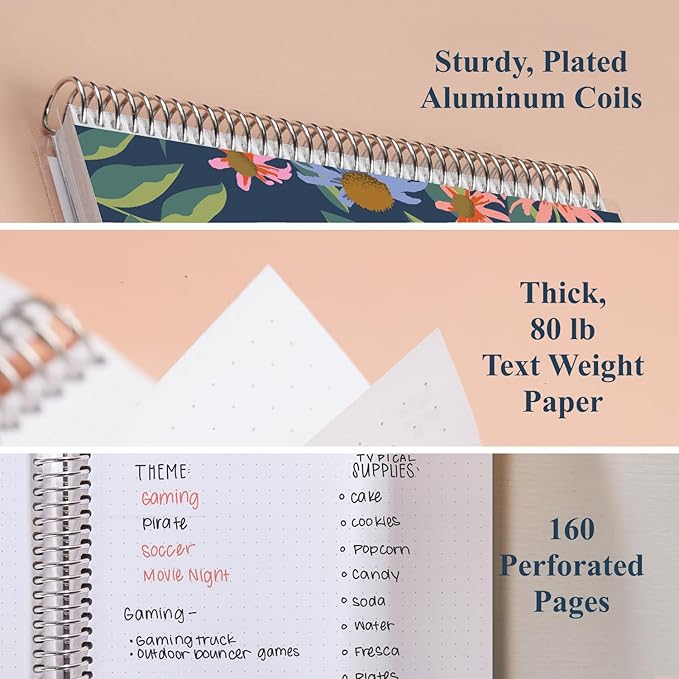 Erin Condren 7” x 9” Dot Grid Spiral Notebook, 5mm Dotted Layout with 80 Lb. Paper, Daisy Blooms Cover, 160 Dot Grid Notebook Pages, Platinum Coil, Stickers Included