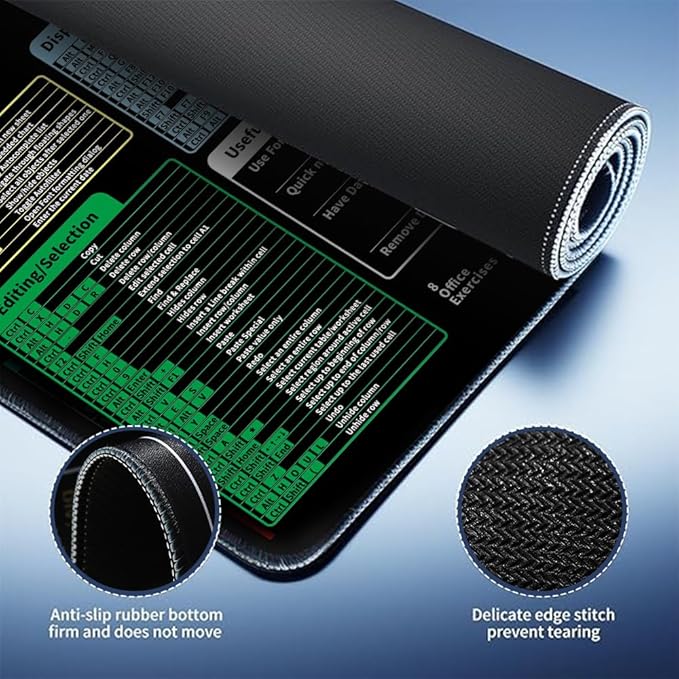 Excel Cheat Sheet Mouse Pad - 9 Major Excel Modules & 200+ Shortcuts (Excel/Word/PPT/Windows), 31.5"×11.8" XL, HD Print, Waterproof Anti - Slip Stitched Edge, 8 Office Exercises