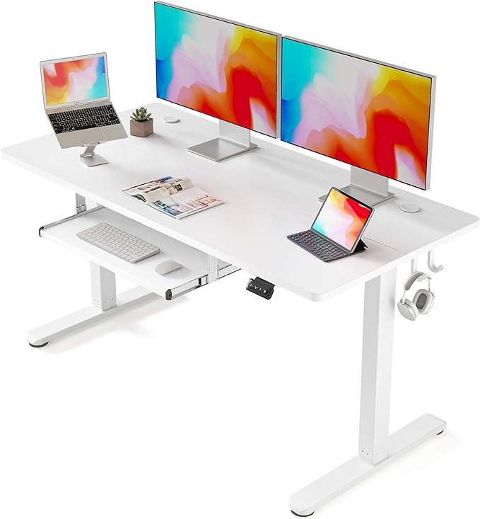 FEZIBO Standing Desk with Keyboard Tray, 55 x 24 Inch Adjustable Height Sit Stand Desk with Memory Presets for Home Office, Ergonomic Computer Workstation, White