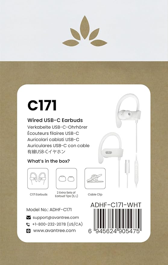 Avantree C171 - USB-C Wired Earbuds, Microphone & Volume Controls, Compatible with New iPhone 15 & 16, Samsung, Google & Android Type C Phones, Headphones, Ear Hook for Running & Sports - White