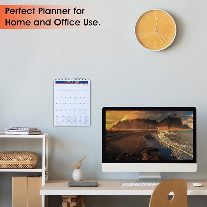 2026 Wall Calendar - January 2026 - December 2026, 12 Monthly Hanging Calendar, 2026 Planner, A4 Size 8.5" x 11", Spiral Binding, Holidays, Julian Dates, Large Blocks, Twin-Wire Binding, Hanging Hook, (2 Pack)