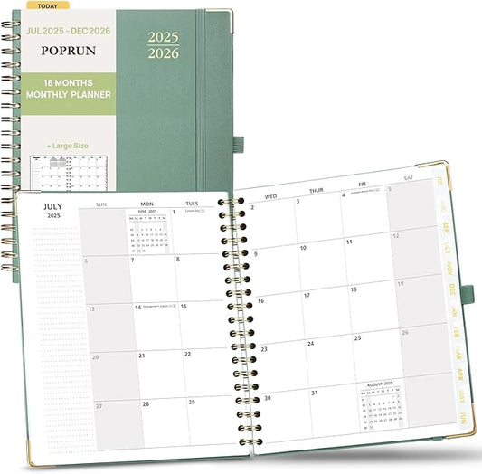 POPRUN Monthly Planner 2025-2026 Spiral Hardcover (8'' x 10''), 18 Months Calendar (Jul.2025 - Dec.2026)- 2 Pages per Month with Dotted Note Pages, Sunday Start, Laminated Tab - Midnight Green