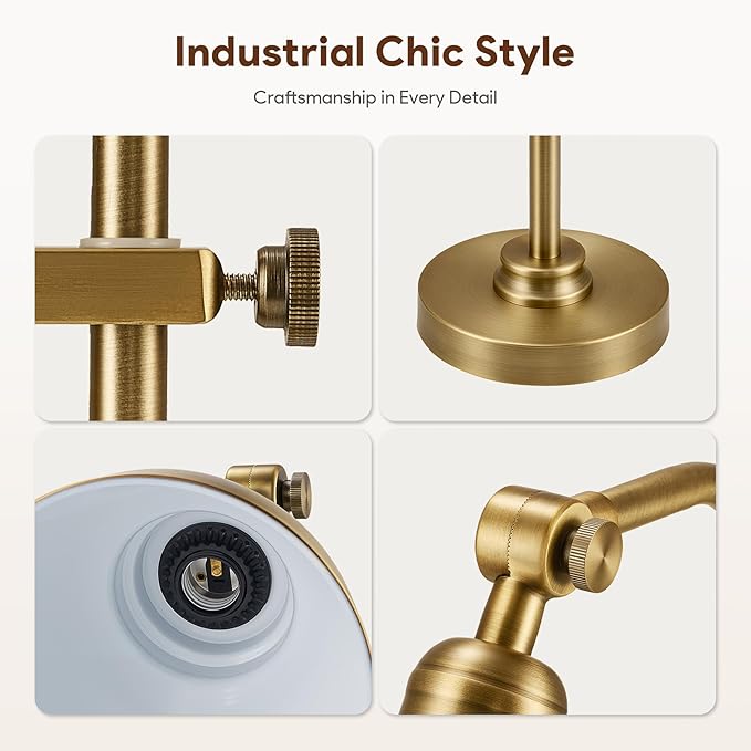 VONLUCE Rustic Desk Lamp Gold Adjustable, Industrial Style Metal Task Lamps 25"-29", Vintage Work Light, Farmhouse Reading Lamp in Brushed Gold Finish, ETL Certificate