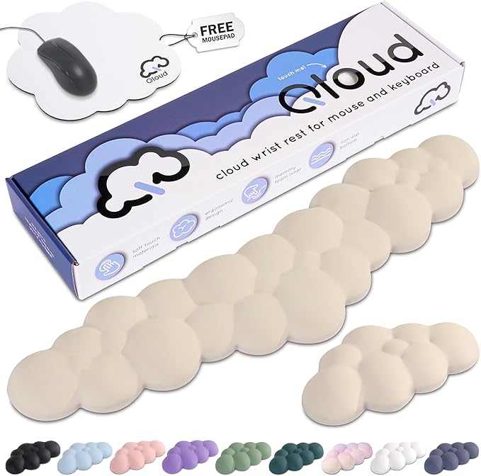 Qloud Cloud Wrist Rest Keyboard Wrist Rest for Computer Keyboard Pad, Cloud Keyboard Wrist Rest, Wrist Pad for Keyboard, Memory Foam, Non Slip Base, Comes with Mouse Pad - Beige
