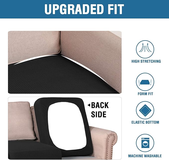 H.VERSAILTEX Super Stretch Individual Seat Cushion Covers Sofa Covers Couch Cushion Covers Slipcover Sets Thick Jacquard Textured Twill Fabric (2 Piece Large Sofa Cushion Covers, Black)