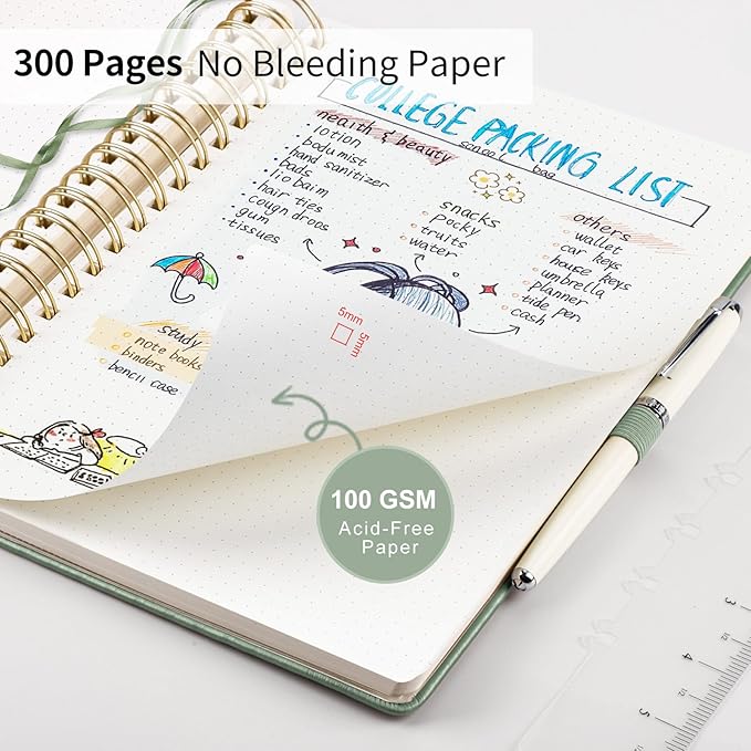 EMSHOI Bullet Dotted Journal Spiral Notebook - 300 Pages, A5 Hardcover Leather, 100 GSM Thick Dot Grid Notebook for Women Men Work Writing, Bullet Journaling, Drawing, 5.7" x 8.22", Light Green