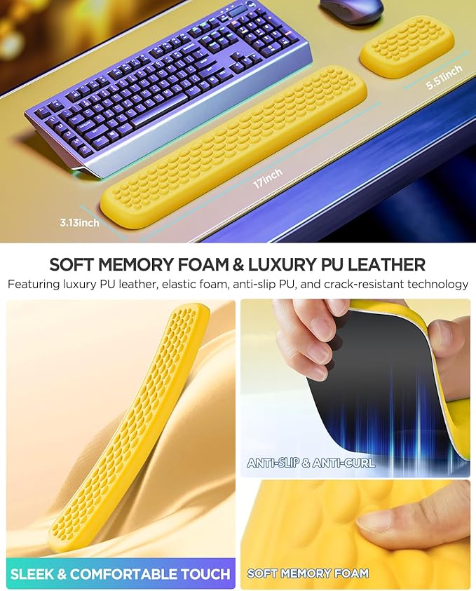 Lekvey Ergonomic Keyboard Wrist Rest, Waterproof PU Leather Wrist Pad with Memory Foam Massage Points, Durable Carpal Tunnel Support for Office/Gaming, Typing Pain Relief, Easy-Clean, Yellow