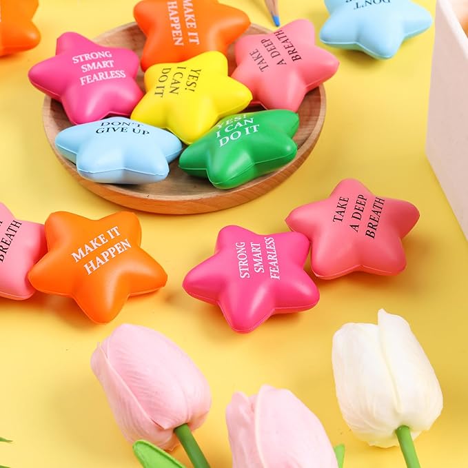 POPLAY 24PCS Inspirational Stress Relief Balls, 2inch Star Stress Balls Colorful Foam Squeeze Balls Motivational Stress Balls for Kids Adults Anxiety Fidget Sensory