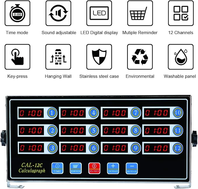 Kitchen Timers for Cooking, 12 Channel, Commercial Grade, Stainless Steel, LED Digital, Loud Alarm
