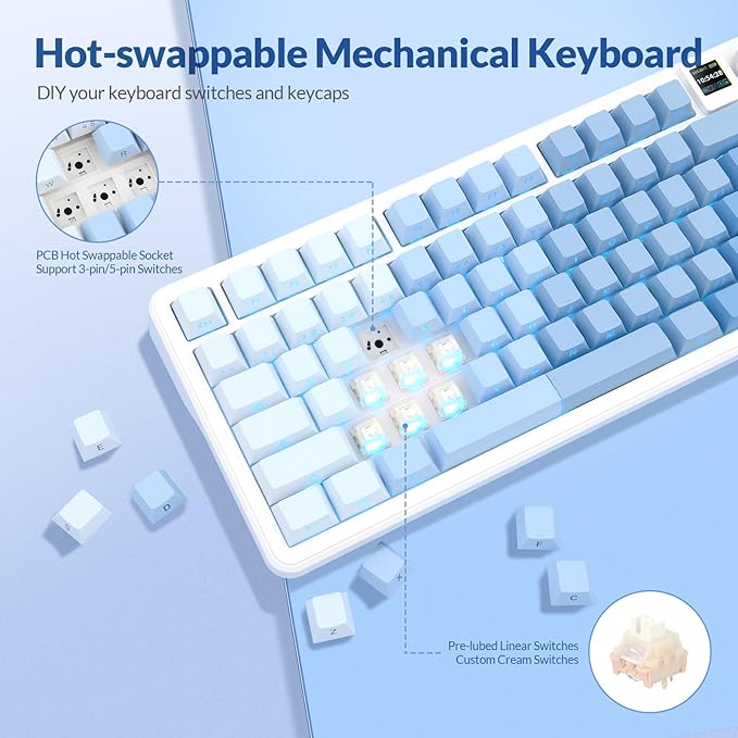 Rii RK805 Wireless Creamy Mechanical Keyboard with TFT Screen and Knob,75% Gasket-Mounted Gaming Keyboard with RGB Backlight,Tri-Mode BT/2.4G/USB-C,Hot Swappable,for Windows/Mac/Linux(Blue Gradient)