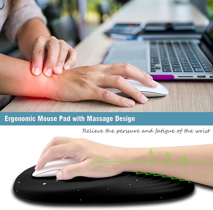 Ergonomic Mouse Pad Wrist Support, Mouse Pad with Wrist Rest, Entire Memory Foam & Non-Slip PU Base MousePads with Stepped-Wedge Design for Pain Relief, Desk, Office, Home, Black Star