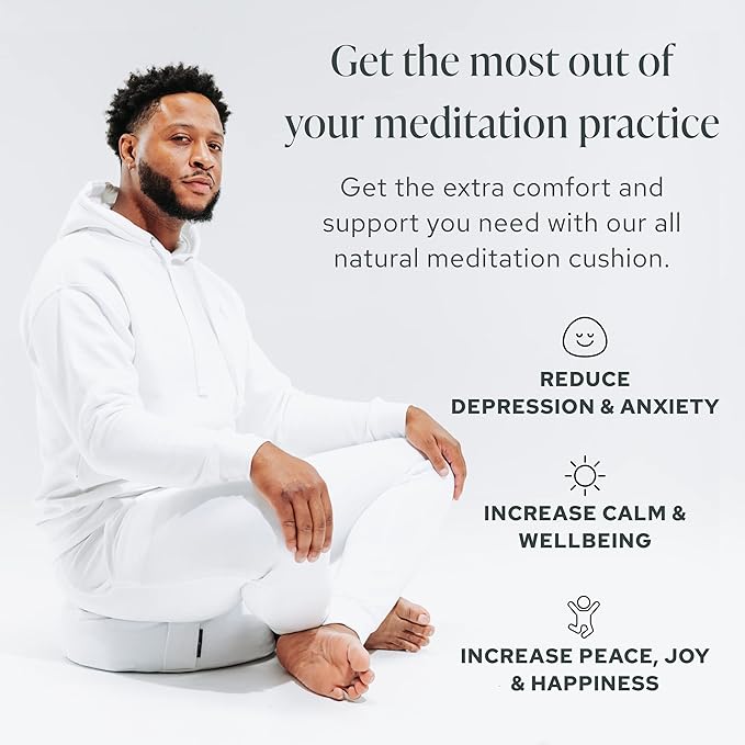 Mindful & Modern Large Meditation Cushion | Zafu Yoga Bolster Meditation Floor Pillow Seat | Buckwheat Hull Filled Crescent Shaped Cushion with Removable Washable Cover + Carry Handle