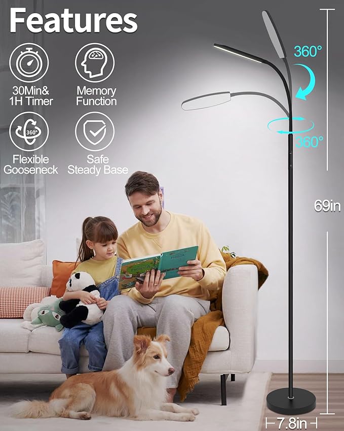 Light Therapy Lamp, 10000 Lux UV-Free Happy Therapy Lamp, Full Spectrum Sunlight Lamp with Remote Control, Light Therapy Floor Lamp with 10 Color Temperature & 6 Brightness & Timer-Black