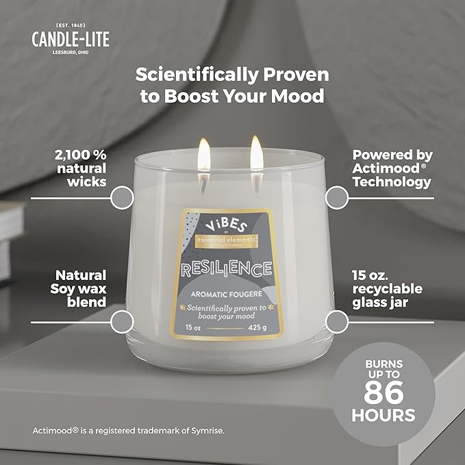 Candle-Lite Vibes Aromatic Fougere Mood-Enhancing Scented Candles, 15 oz Jar, Aromatherapy, Proudly Poured in The USA, 2-Wick, 86 Hours Burn Time, Perfect Relaxation Gift