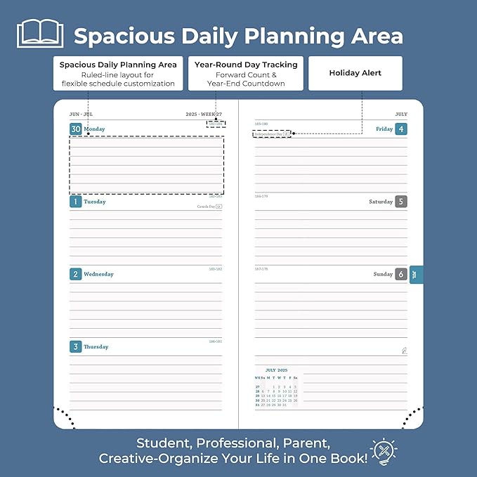 Planner 2025-2026 Daily Weekly and Monthly,6.5"x3.75",18 Months Spiral Bound Calendar Agenda with Self-adhesive Pen Holder,2026 Academic Plan with Vegan Leather Soft Cover,Blue