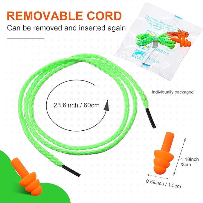 Tondiamo 200 Pairs Ear Plugs Reusable Silicone Earplugs with Cord Sleeping Individually Wrapped Hearing Protection Noise Cancelling Earplugs for Work Construction Shooting Sports(Orange, Green)